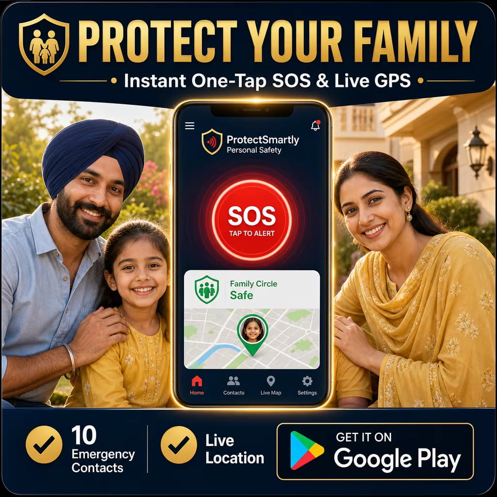 ProtectSmartly personal safety app showing a one-tap SOS button and live family location map